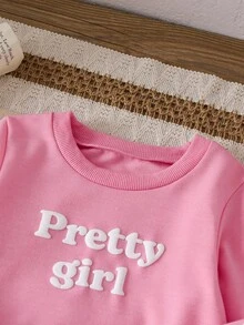SHEIN 女婴新生儿0-3岁休闲日常蝴蝶结装饰粉色短款圆领长袖卫衣和灯芯绒裤套装，秋冬季 - 粉色 - 查看 3