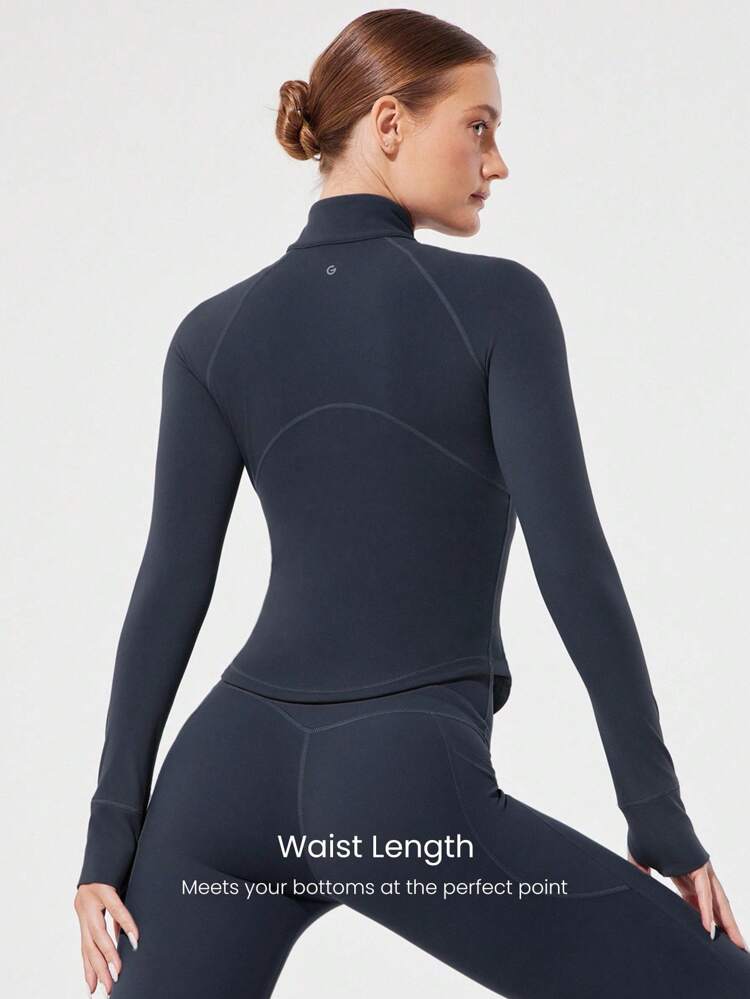 FeatherFit™ Studio Ready Zipper Pockets Slim Fit Long Sleeve Thumbholes Active Jacket Low Impact Yoga Pilates Studio Gym Daily  Spring Summer