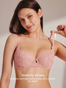 LUVLETTE Full Coverage Support Breathable Underwire Pink Sheer Mesh Lace Elegance Minimizer Bra Sexy Lingrie Bridal Intimates - Pink - View 10