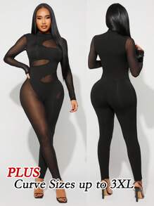 Radiana Plus Size Women's Spring & Summer Elegant Sexy Daily Basic Commuter Mesh Patchwork See-Through Hollow-Out Unitard Jumpsuit,Suitable For High Street Style,Urban,Sexy Office Siren Coquettish,Cruise Attire,Commuting,Business,Retro,Vintage,Party,Resort,Outing,Old Money,Richly Layered,Date Night,Gathering,Minimalism,Birthday,Formal Event,Gyaru,Ibiza,Nashville,Break,Modest,Chic,Casul,Shopping, Streetwear,Going Out, ,Accent Your Body,Flatter The Figure,Fall Clothes For Women - Black - View 1