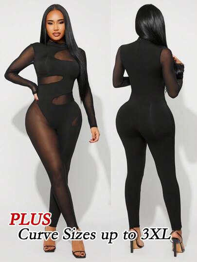 Radiana Plus Size Women's Spring & Summer Elegant Sexy Daily Basic Commuter Mesh Patchwork See-Through Hollow-Out Unitard Jumpsuit,Suitable For High Street Style,Urban,Sexy Office Siren Coquettish,Cruise Attire,Commuting,Business,Retro,Vintage,Party,Resort,Outing,Old Money,Richly Layered,Date Night,Gathering,Minimalism,Birthday,Formal Event,Gyaru,Ibiza,Nashville,Break,Modest,Chic,Casul,Shopping, Streetwear,Going Out,Coquette,Accent Your Body,Flatter The Figure,Fall Clothes For Women