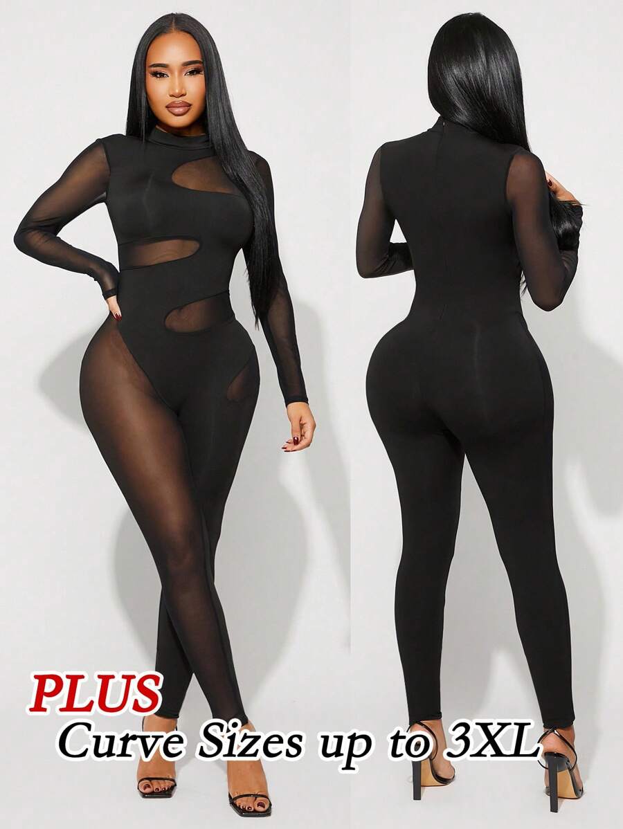 Radiana Plus Size Women's Spring & Summer Elegant Sexy Daily Basic Commuter Mesh Patchwork See-Through Hollow-Out Unitard Jumpsuit,Suitable For High Street Style,Urban,Sexy Office Siren Coquettish,Cruise Attire,Commuting,Business,Retro,Vintage,Party,Resort,Outing,Old Money,Richly Layered,Date Night,Gathering,Minimalism,Birthday,Formal Event,Gyaru,Ibiza,Nashville,Break,Modest,Chic,Casul,Shopping, Streetwear,Going Out, ,Accent Your Body,Flatter The Figure,Fall Clothes For Women - Black - View 1
