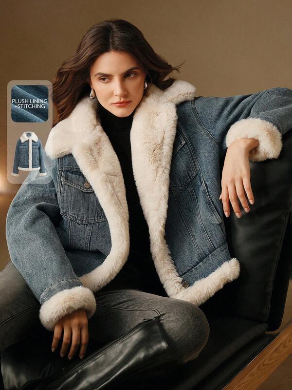 Anewsta Chaqueta de forro polar de parches de mezclilla lavada de moda, otoño/invierno