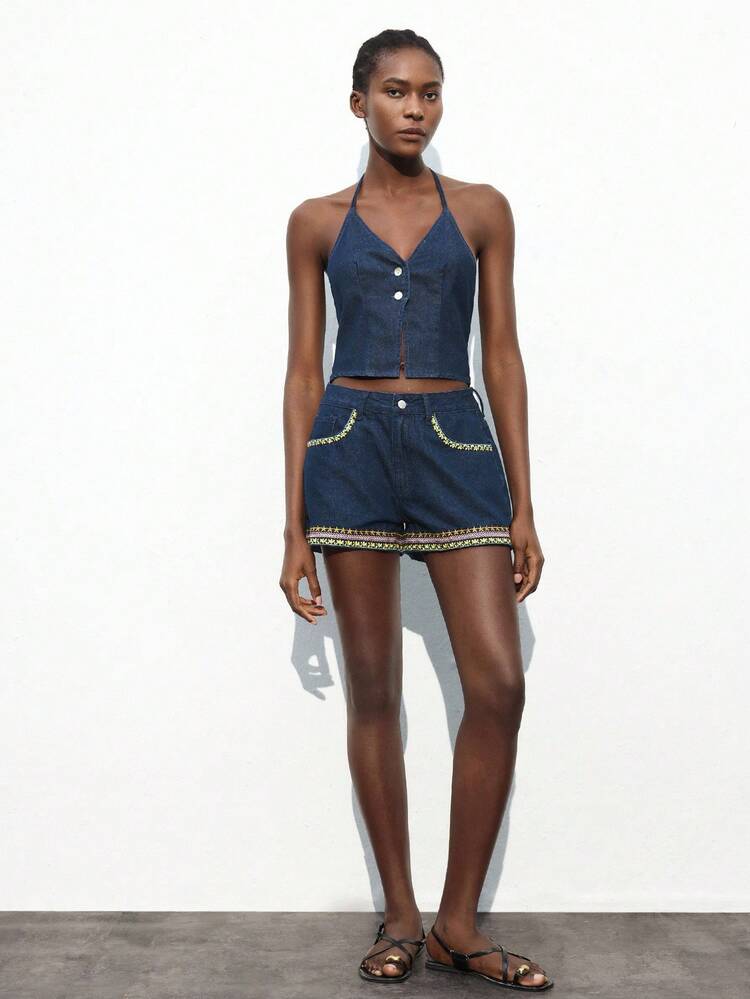 SHEIN Maija Women's Dark Blue Denim Shorts Low-Rise Loose Mini Shorts Exquisite Color Embroidery Casual Style  Western Shorts