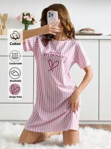 SHEIN Women Striped With Round Neck Cute Lettered&Heart Print Short Sleeved Pajama Night Dress Women Sleepwear Dress Night Dress Sleepwear Women Pajama Dress Short Nightgown Womens Nightdress