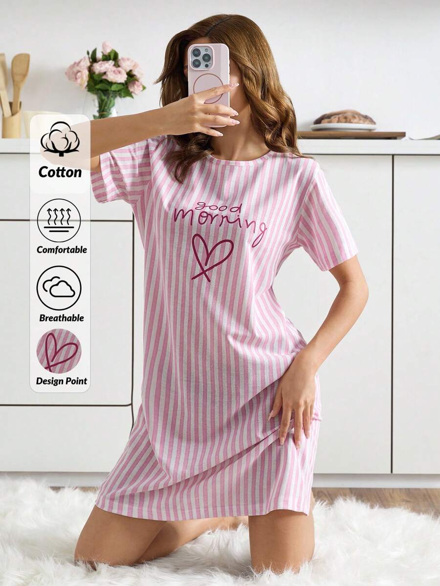 SHEIN Women Striped With Round Neck Cute Lettered&Heart Print Short Sleeved Pajama Night Dress Women Sleepwear Dress Night Dress Sleepwear Women Pajama Dress Short Nightgown Womens Nightdress