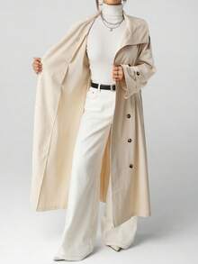 SHEIN ICON 女士中长款高领优雅通勤风衣秋冬 - 卡其色 - 查看 10