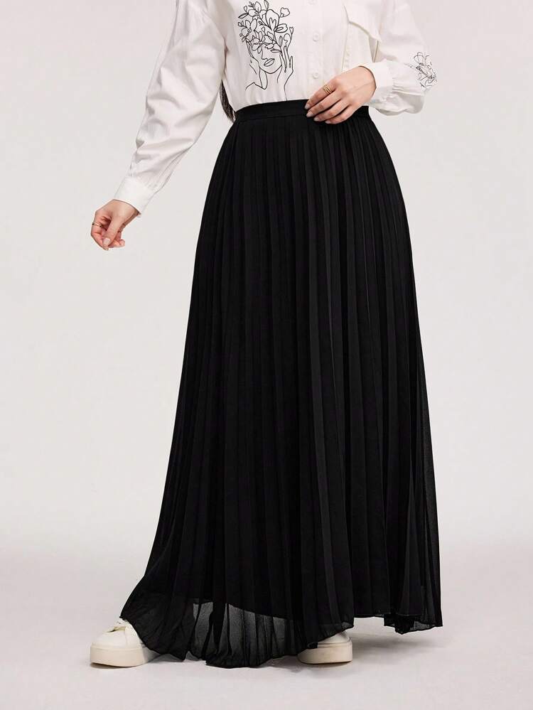 Jupe longue plissée de couleur unie pour port quotidien pour femmes
