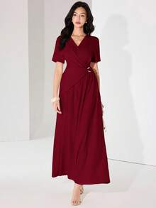 Heiryn 女士优雅纯色裹身长裙，夏季 - 酒紅色 - 查看 4