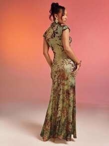 Hauture Abstract Floral Animal Print Lace Mesh Dress