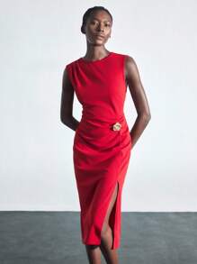 Maija Váy dài vừa phải không tay thắt eo màu đỏ trang trí kim loại cho nữ - Đỏ - Xem 3