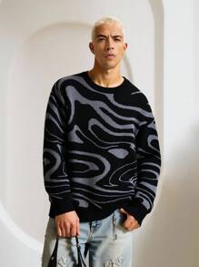 STEELVANCE 男士大理石纹圆领宽松休闲毛衣，返校季日常舒适加厚印花超大款街头风，秋冬复古风，长袖上衣 - 黑色 - 查看 1