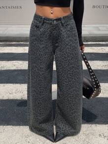 Livesso Quần jeans ống rộng cạp cao họa tiết da báo cho nữ - Màu xanh lam - Xem 1