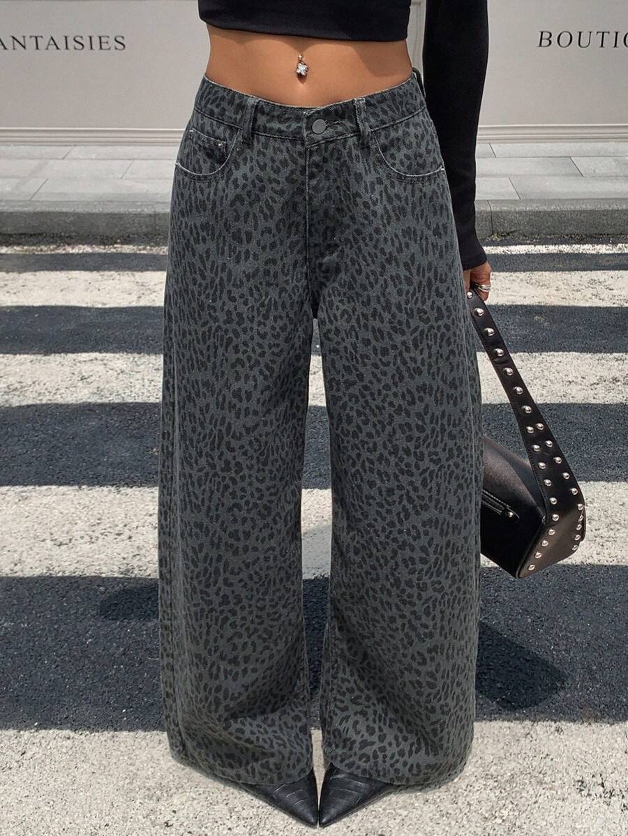 Livesso Quần jeans ống rộng cạp cao họa tiết da báo cho nữ - Màu xanh lam - Xem 1