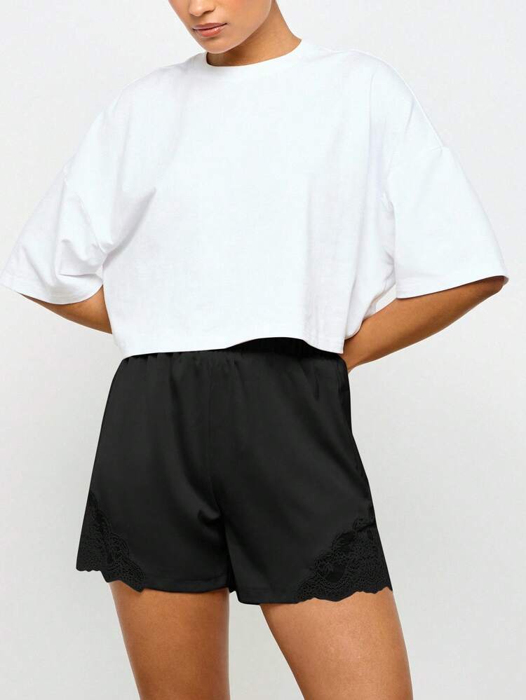 AiiRZ Elegant Satin Lounge Shorts With Delicate Lace Trim High Waist Evening Sleepwear Relaxation Summer Resort Wear Lounge Bottoms