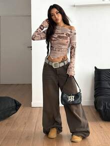 Coolane 女士秋季四季复古街头风报纸图案弹力露肩不对称领口上衣 - 彩色 - 查看 5