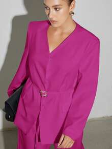 GENKIRA 优雅长袖西装外套搭配直筒阔腿西装裤，办公室穿着 - 玫紅色 - 查看 1