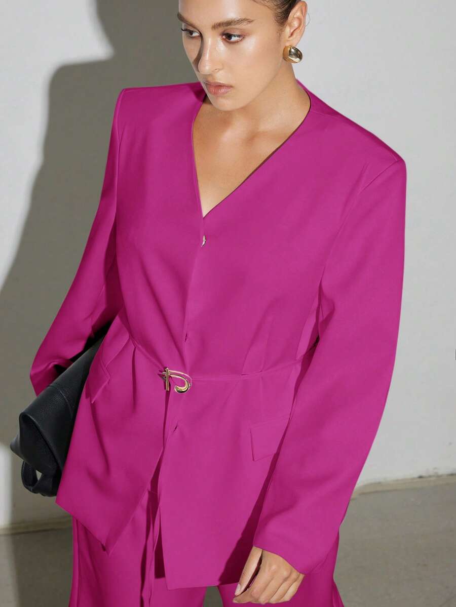 GENKIRA 优雅长袖西装外套搭配直筒阔腿西装裤，办公室穿着 - 玫紅色 - 查看 1