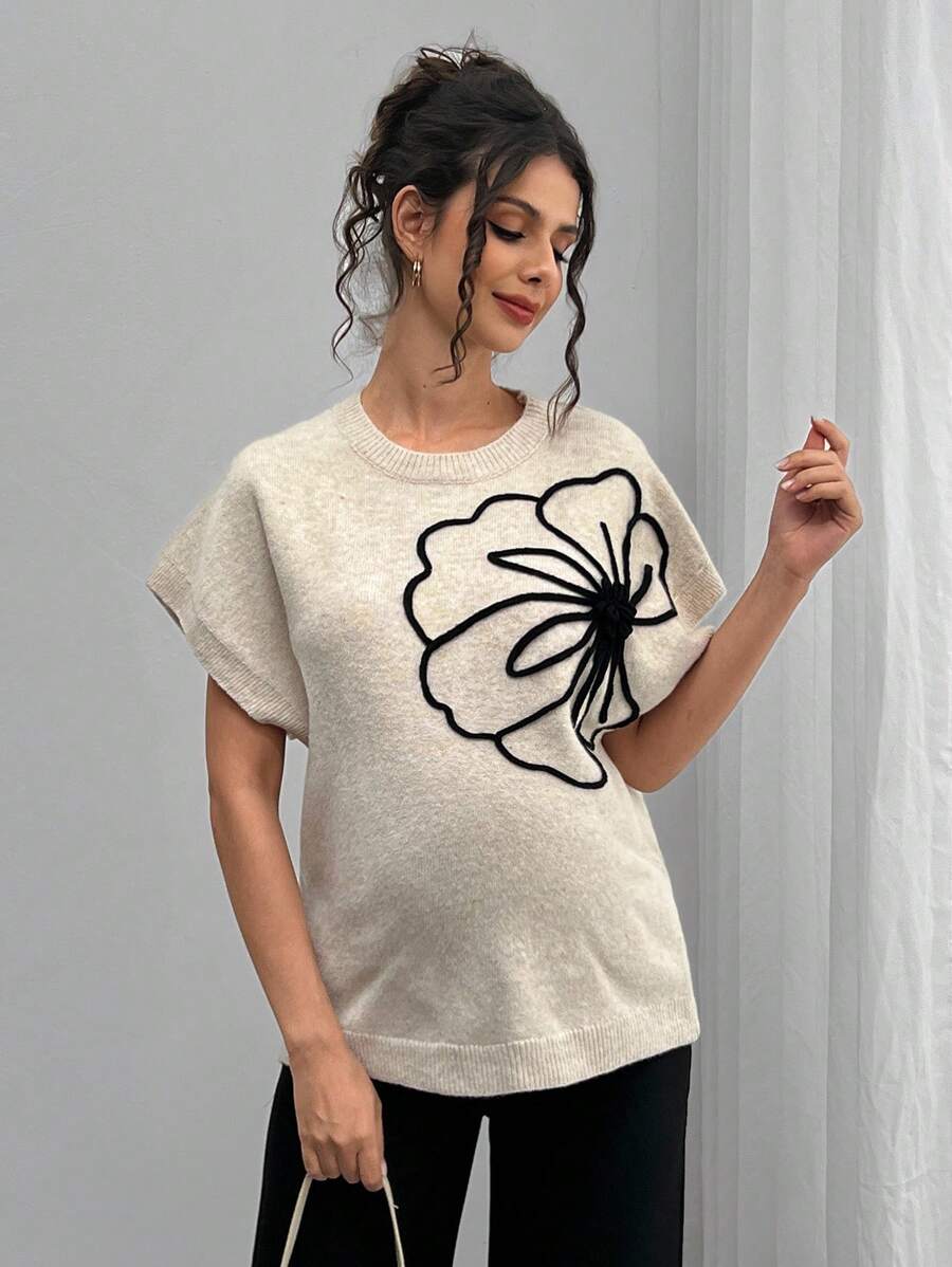 SHEIN 针织蝙蝠袖休闲孕妇毛衣 - 杏色 - 查看 1