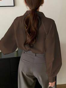 INAWLY 女士纯色灯笼袖单排扣休闲通勤衬衫 - 棕色 - 查看 2