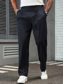 Manfinity Homme 男士简约纯色褶皱口袋西装裤，休闲日常穿着高腰休闲裤，商务正装风格，复古风 - 藏蓝色 - 查看 7