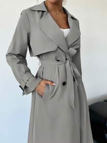 Firerie Elegant Design Waist Cinched A-Line Long Sleeve Trench Coat, Autumn/Winter - Light Grey - View 2