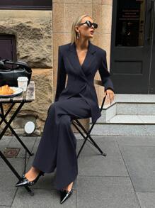 Aloruh 女士纯色翻领长袖夹克和裤子通勤日常基本款秋冬套装 - 藏蓝色 - 查看 7