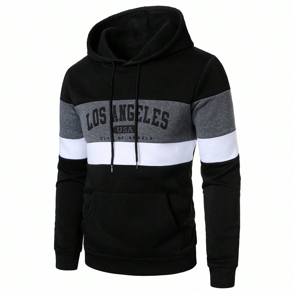 Sudadera con capucha casual para hombres con bloqueo de color e impresión de letras, para otoño/invierno, sudadera con capucha de Los Ángeles, top
