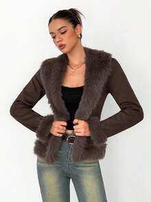 SHEIN Tall Women's Long Sleeve Open Front Faux Fur Fashion Jacket Women Brown Jacket In Fall/Winter - Brown - View 4
