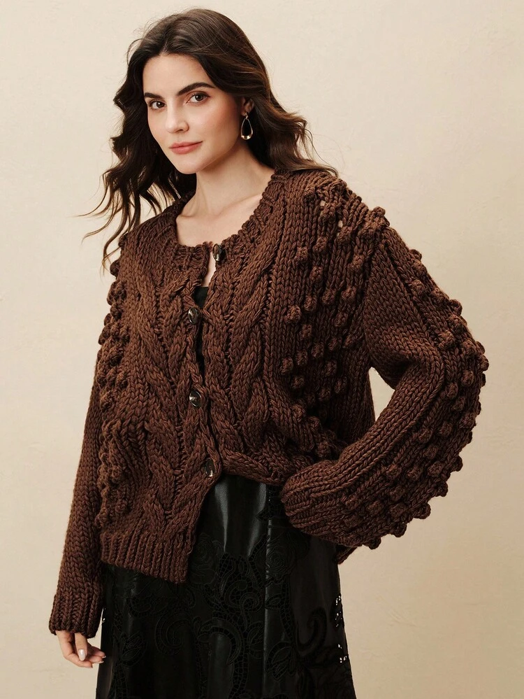 Handmade Thick Knit Cardigan Sweater For Women, Maillard Color, Chunky Yarn, Textured Bobble Design, Suitable For Autumn, Fall, Winter, Going Out, Elegant, Formal, Party, Chic, New Year, Christmas, Work, Graduation, Wedding