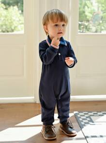 Souflis Souflis 1 Stück Minimalistischer Polokragen Rippstrick Langarm Jumpsuit für Säuglinge, Marineblau, Herbst/Winter Marineblauer Baby Jungen Jumpsuit Baby Jungen Jumpsuit Baby Jungen Kleidung Jungen Kleidung für Babys - Königsblau - Übersicht 5