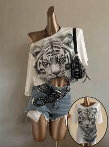 Attitoon 休闲复古街头风格老虎素描肖像图案超大不对称领口短袖T恤女款，适合夏季、音乐节、Y2K