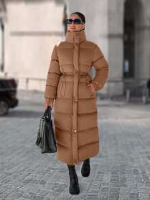 EURMUSE Zip Up Drawstring Waist Long Padded Coat - Camel - View 3