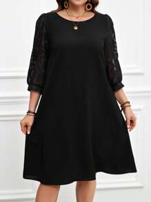 Miaspire 大码女式网纱撞色黑色优雅母亲节连衣裙 春季女装 圣诞节 圣诞女装 圣诞派对连衣裙 - 黑色 - 查看 3