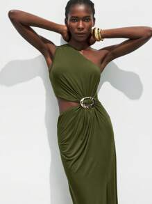 Maija 2025 秋季婚礼宾客时尚优雅早午餐装、机场装、波西米亚度假风格、音乐节、复活节、毕业季日常休闲腰部金属装饰不对称肩部中长连衣裙、商务休闲都市通勤时尚优雅复古女士办公室装 - 軍綠色 - 查看 7