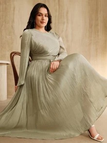 Anewsta Plus Size Women Long Sleeve Dress, Elegant & Versatile For Commuting, Spring/Autumn - Lime Green - View 3