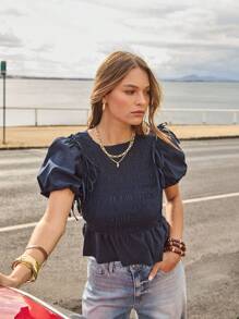 Aralina 秋冬褶皱细节背心，可拆卸泡泡袖，蝴蝶结细节娃娃装，斯德哥尔摩风格 Y2K 可爱上衣 - 藏蓝色 - 查看 7