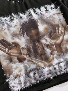 ROMWE MEN Street Life Men's Sparkling Diamond Character Print Short Sleeve T-Shirt, Loose Cropped Style, 2000s Style - Black - View 2