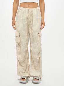 SUMWON WOMEN Pantalones cargo de pierna ancha con cordón y estampado de hibisco, pantalones casuales para verano, festivales, playa y otoño - Amarillo - Ver 6