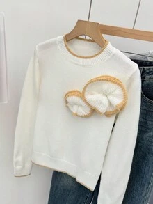 SHEIN Frenchy Women's Winter Sweater  French Casual 3D Floral Decor Contrast Trim Sweater, Autumn/Winter,Autumn Fall Sweater Knit Sweater,Knitted Sweater ,Suitable For Daily Commuting. Autumn Layering, Autumn And Winter New Arrivals,For Everyday Wear And Layering Back To School, Fall Women Clothes,Cute Tops,Going Out Tops Women,Old Money Outfits Women ,Business Casual Women,All-Season,Christmas Sweater ,New Year Clothes - Apricot - View 6