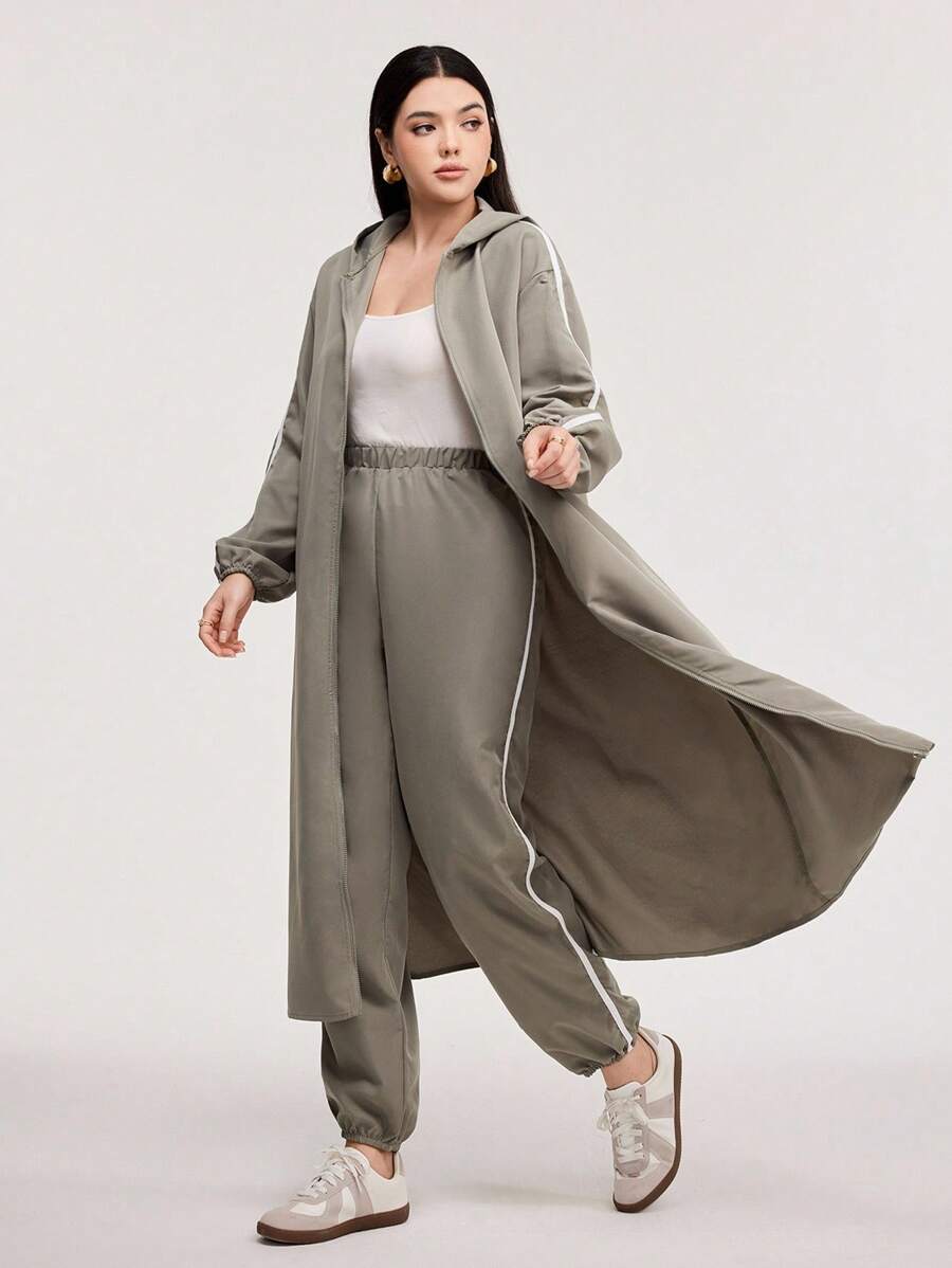 Veilorie Contrast Tape Side Hooded Coat & Pants 2 Pieces Set - Army Green - View 1