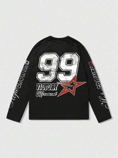 Street Life T-shirt à manches longues avec imprimé lettre de course pour hommes, convenant pour le port quotidien, printemps/été