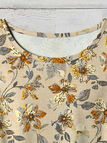 SHEIN LUNE Back To School Music Festival Plus Size Women's Clothing For Daily Casual Elegant Retro Floral Pattern Round Neck Double Layer Small Flying Sleeve Loose Shirt, Women's Summer Clothing, Women's Vacation Wear