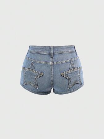Grunge Punk Vintage Y2K Damen Super Tief Sitzende Ultra Kurze Denim Shorts mit Stern Patch an der Rückentasche