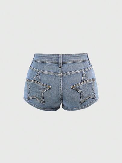 Grunge Punk Vintage Y2K Damen Super Tief Sitzende Ultra Kurze Denim Shorts mit Stern Patch an der Rückentasche
