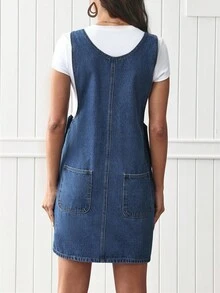 SHEIN LUNE 女式休闲牛仔连衣裙，带口袋和侧纽扣设计 - 藍色 - 查看 2