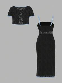 SHEIN MOD 2 Peças Conjunto de Vestido Elegante e Sexy Plus Size - Cardigã com Textura de Renda Preta e Recortes de Fita de Cetim Azul e Vestido - Preto - Visão 2