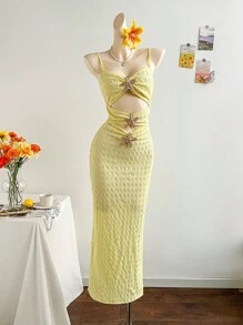 Soleia Váy dây xẻ sâu họa tiết sao biển gợi cảm dành cho nữ, mùa hè - Màu vàng - Xem 1