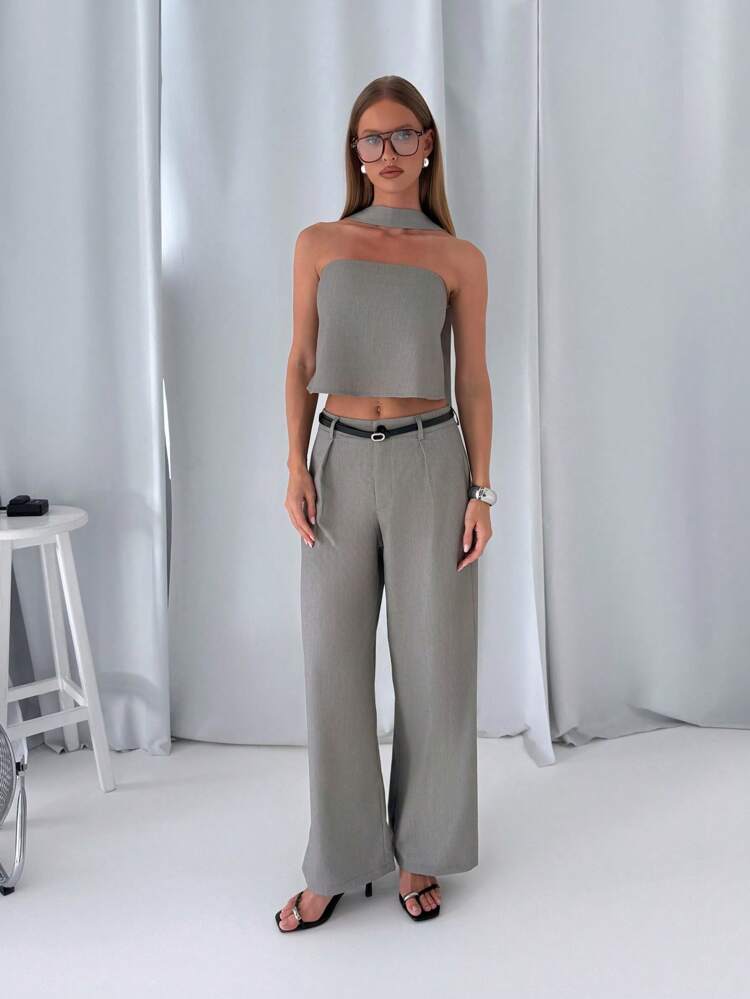Halter Neck Crop Top With Wide Leg Pants