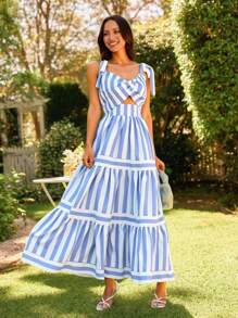 SHEIN VCAY Women Casual Minimalist Sleeveless Dress, Suitable For Daily Wear,Vacation Outfits Woman,Vacation,Cut Out Dress,Bow Dress,Elegant,Vacation Outfits Woman,Summer Outfits For Women,Cute Summer Dress - Blue and White - View 10